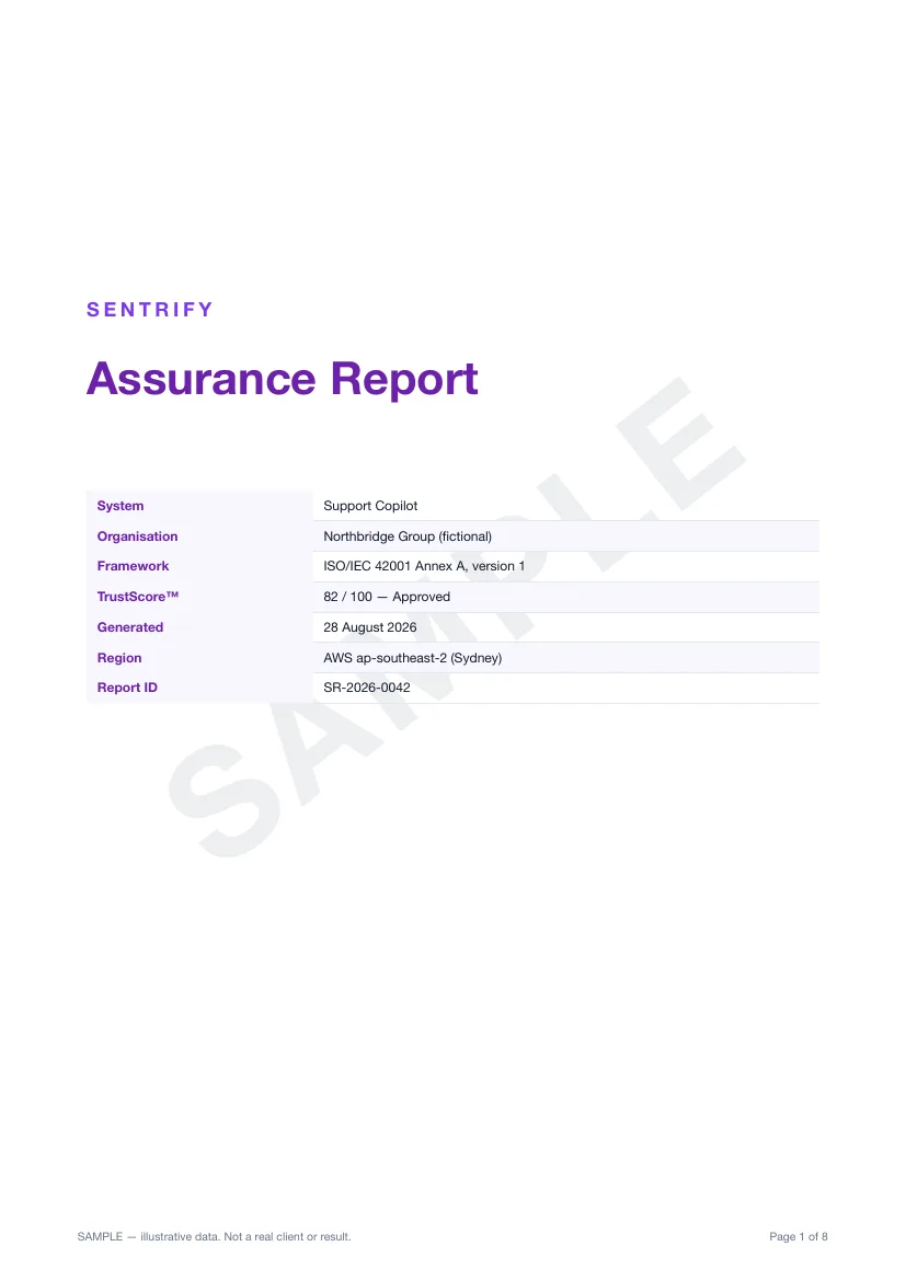 Report cover: Assurance Report for Support Copilot, Northbridge Group, TrustScore™ 82 out of 100, Approved.